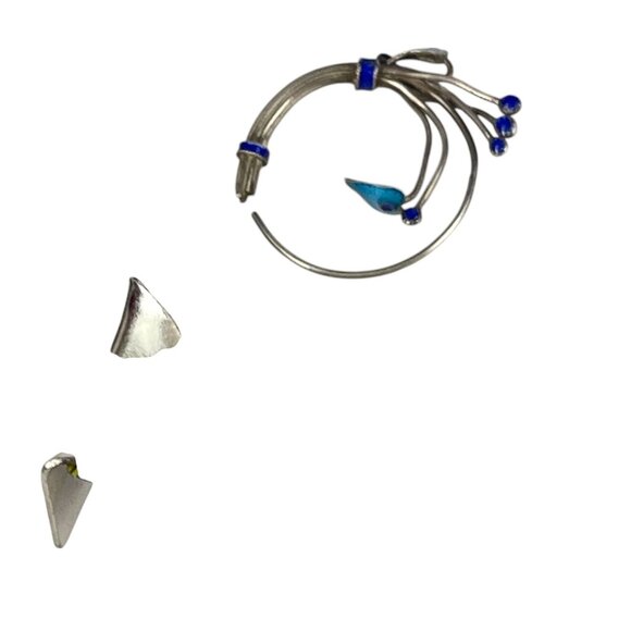 Vintage Silver & Blue Artistic Enamel Hoop Earrings With Abstract Design Tribal - Picture 5 of 10